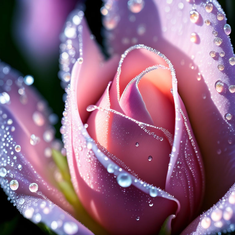 Close-up of pink rose with dewdrops in soft light