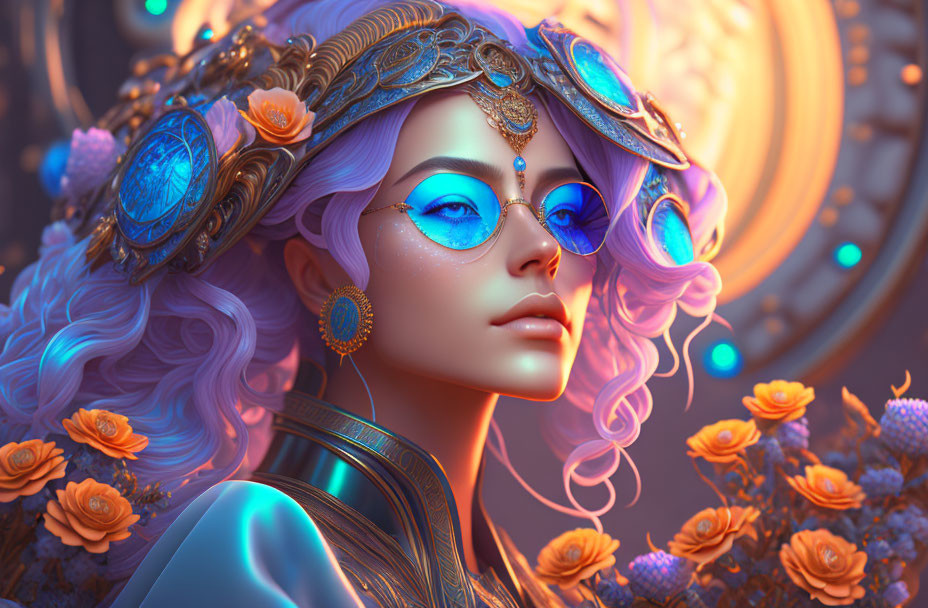 Blue-skinned woman with lavender hair in ornate headdress among orange roses