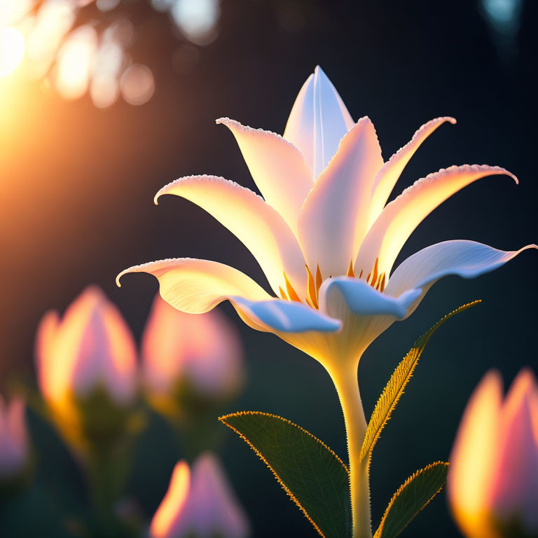 White Flower Illuminated by Warm Sunlight in Soft-focus Floral Setting