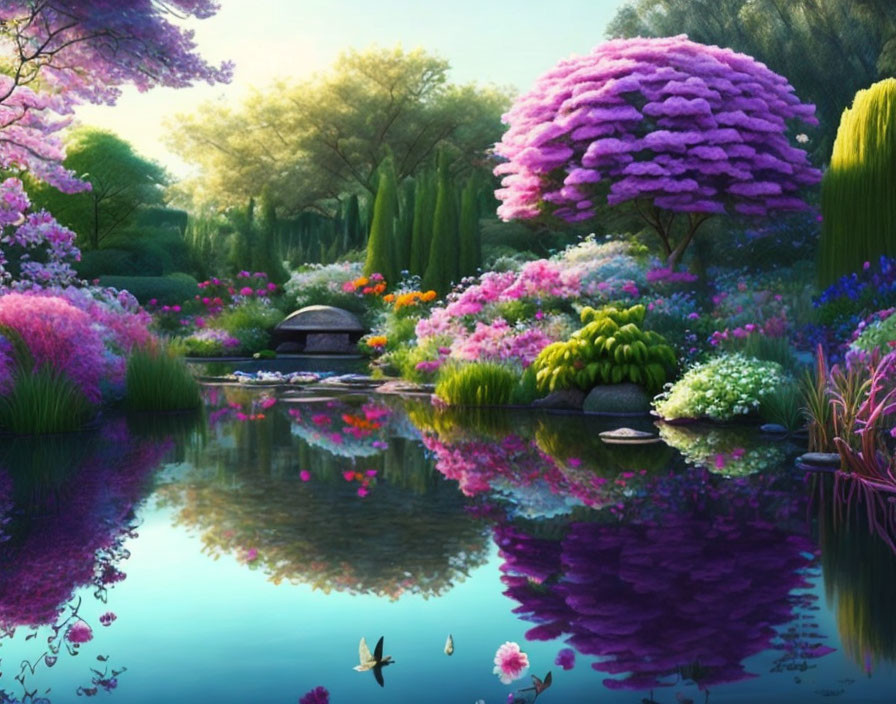 Tranquil garden with lush trees, blooming flowers, serene pond