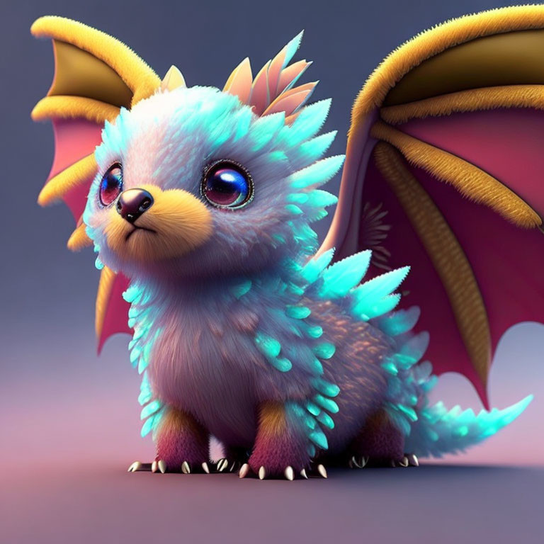 Colorful creature with big eyes, plush fur, and spiky wings