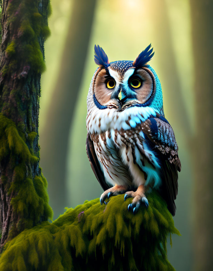 Colorful Owl on Mossy Branch in Sunlit Forest