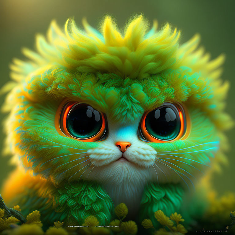 Vibrant Green and Orange Fluffy Fantasy Cat Among Yellow Flowers