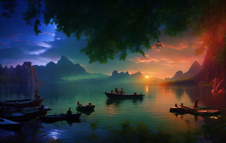 Tranquil lake sunset with silhouetted boats, mountains, and vibrant skies