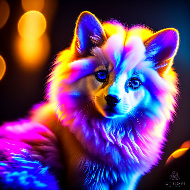 Colorful portrait of a dog with blue eyes in neon lights