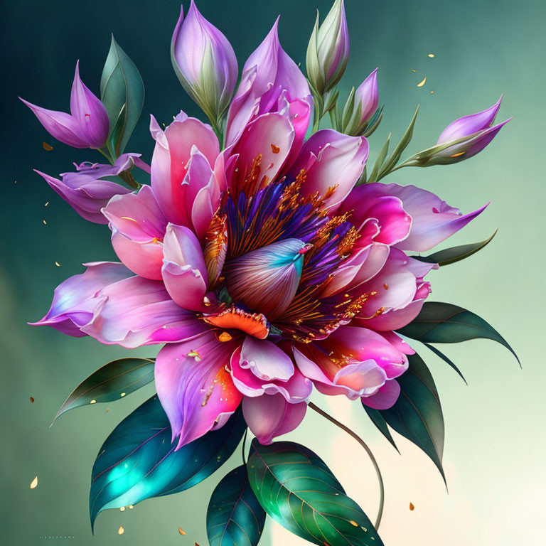 Colorful digital illustration of exotic flower with pink and purple petals, golden pollen, and teal leaves.