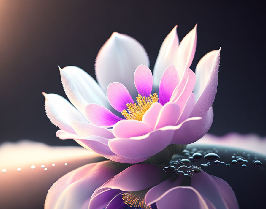 Radiant lotus flower with pink and white petals on dark background