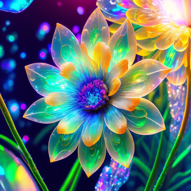 Neon blue and yellow flower on dark background with glowing edges