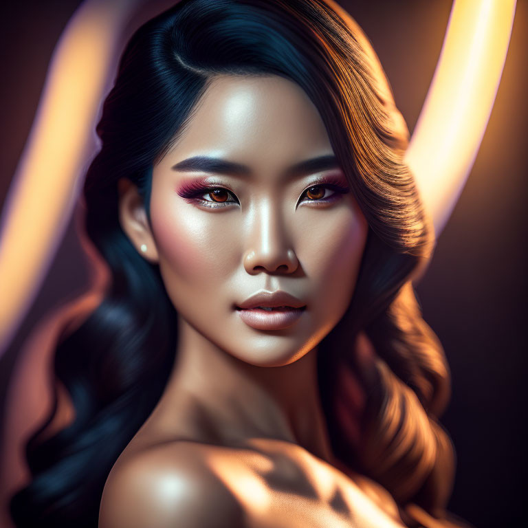 Digital portrait: Woman with flowing hair, glowing skin, striking makeup, warm ambient light, neon accents