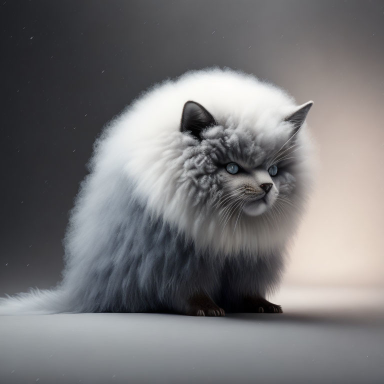 Fluffy White and Grey Cat on Gradient Background