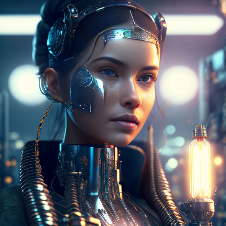 Female cyborg with headpiece and cybernetic enhancements under warm light.