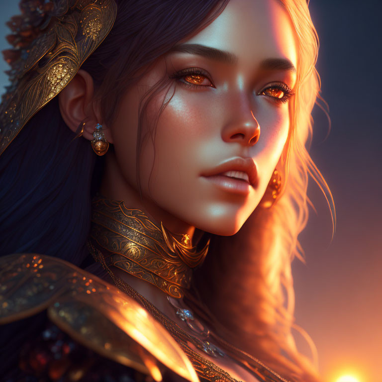 Intricate golden jewelry on woman in warm light