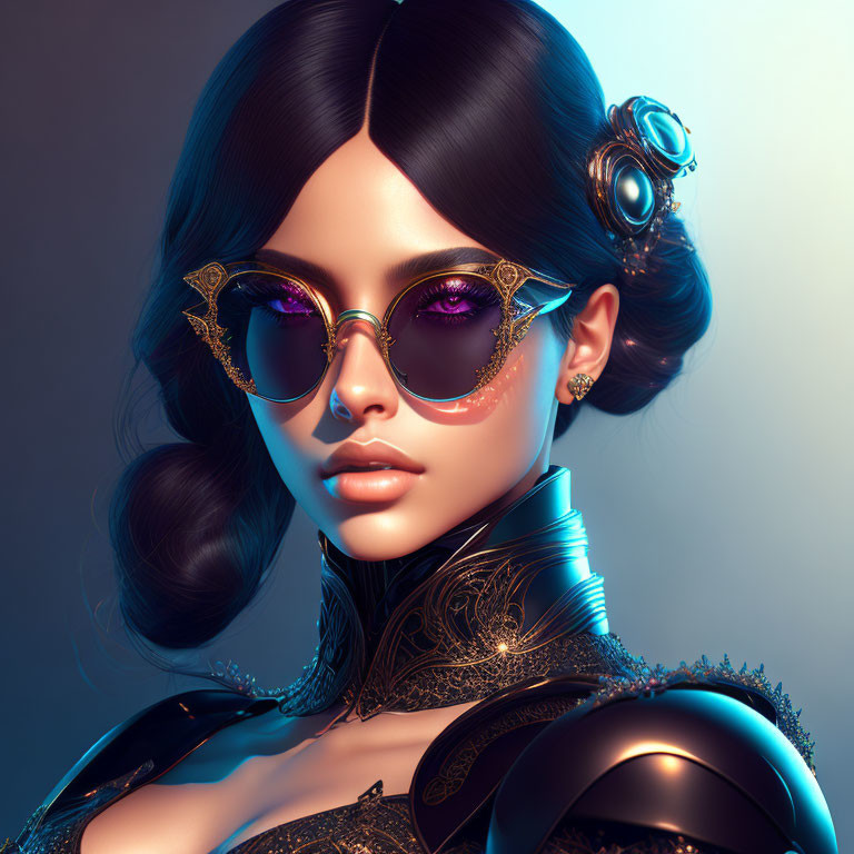 Futuristic digital artwork of a woman with sleek black hair