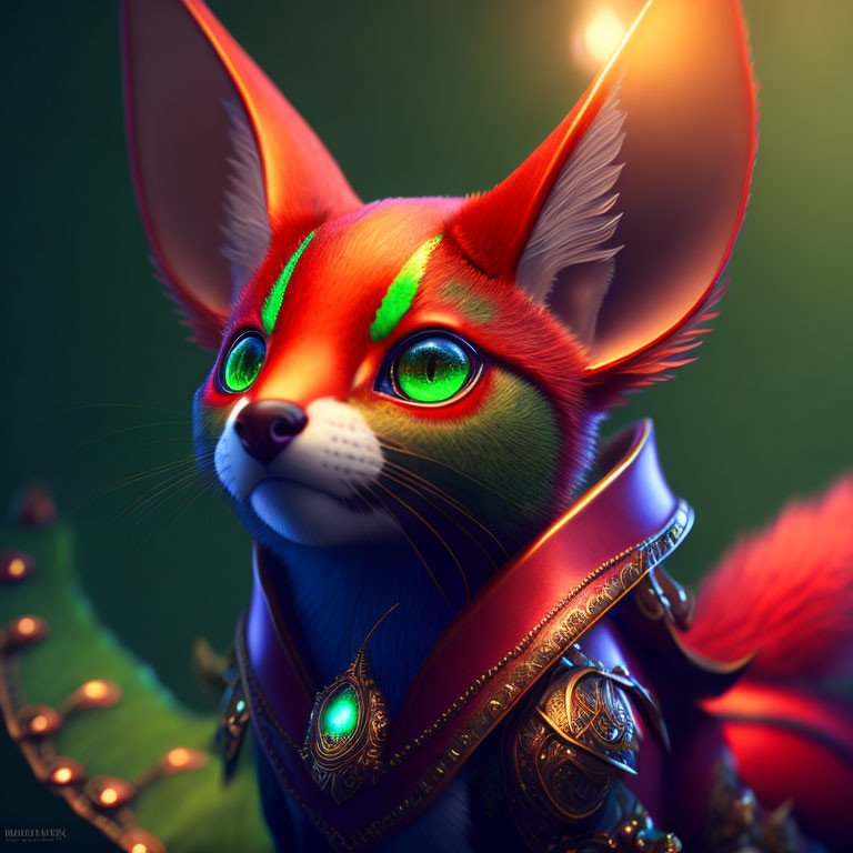 Stylized red fox digital art in ornate armor on green background