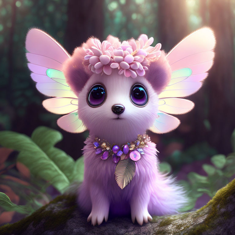 Purple animated creature with sparkly eyes and wings on branch