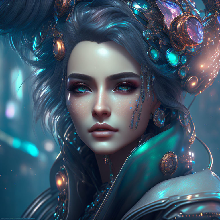 Futuristic digital artwork of a woman in ornate blue headgear and glowing gemstones