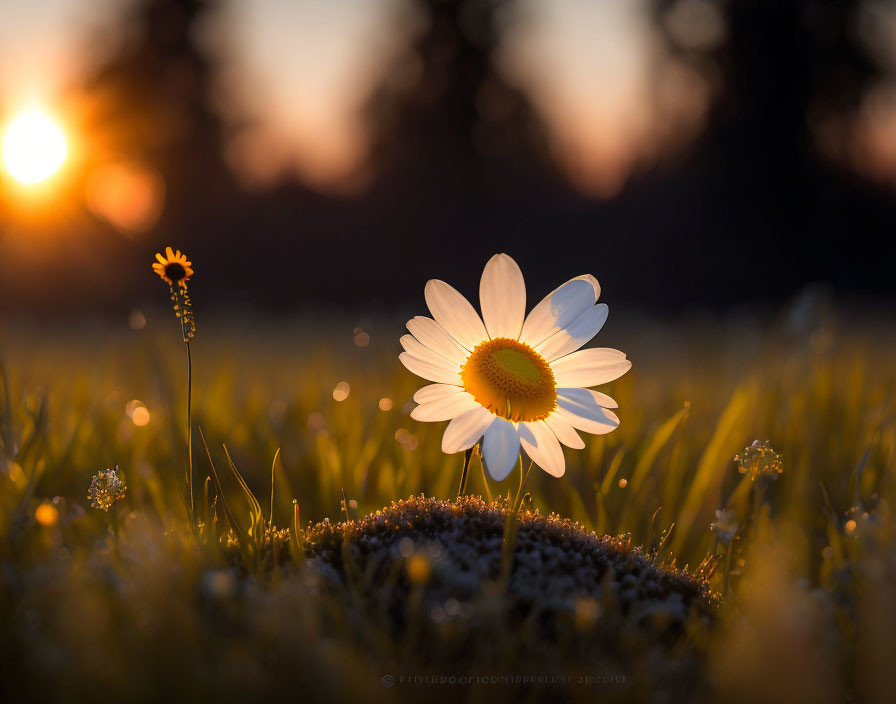 Bright daisy in sunlight against sunset backdrop