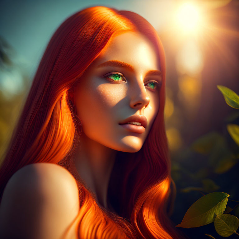 Vivid red-haired woman with green eyes in golden-lit natural setting