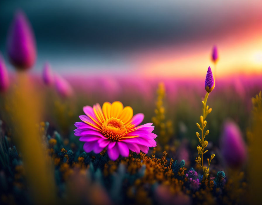 Vibrant Purple Flower in Colorful Wildflower Field at Sunset