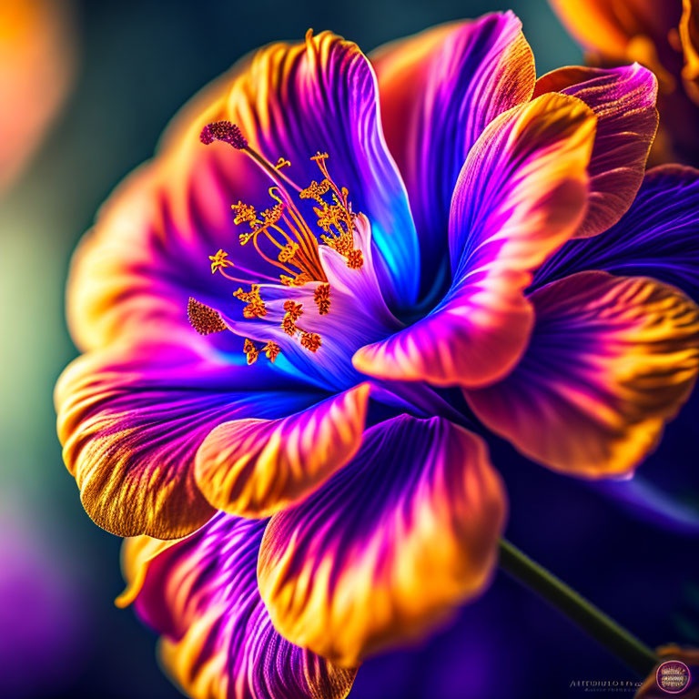 Colorful Close-Up of Purple and Orange Flower with Yellow Stamens