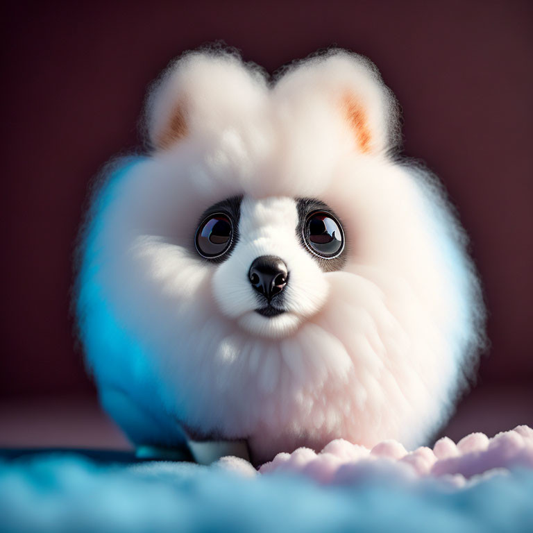 Fluffy White Dog with Animated Face and Expressive Eyes on Dark Background