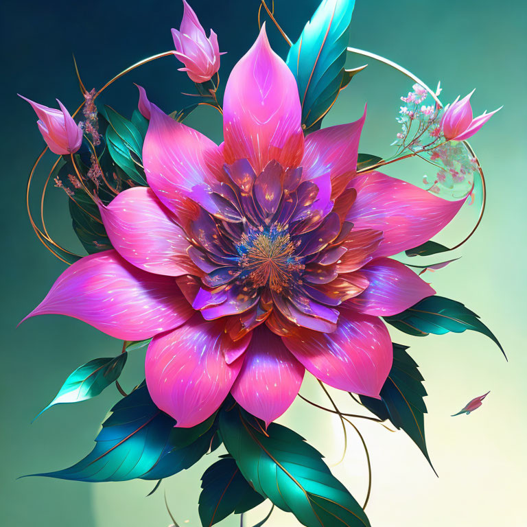 Fantasy flower digital artwork with pink and blue petals on teal background