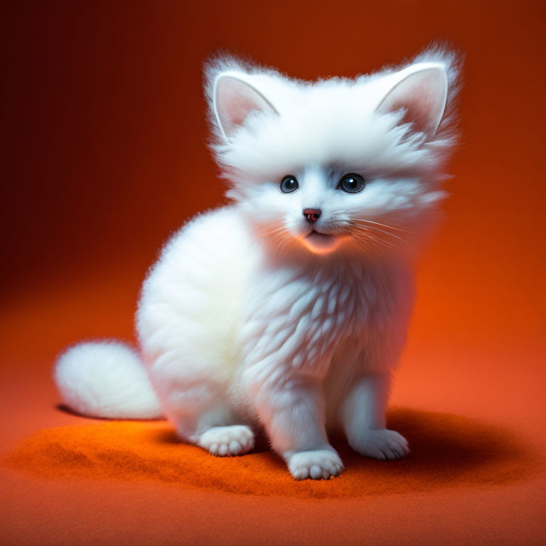 Fluffy White Kitten with Blue Eyes on Orange Background