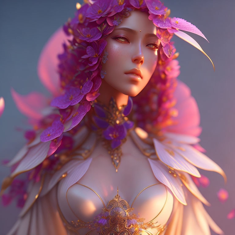 Illustrated 3D woman with purple flowers and golden jewelry on soft-focus backdrop