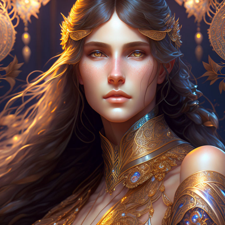 Digital artwork featuring woman in golden armor against warm backdrop