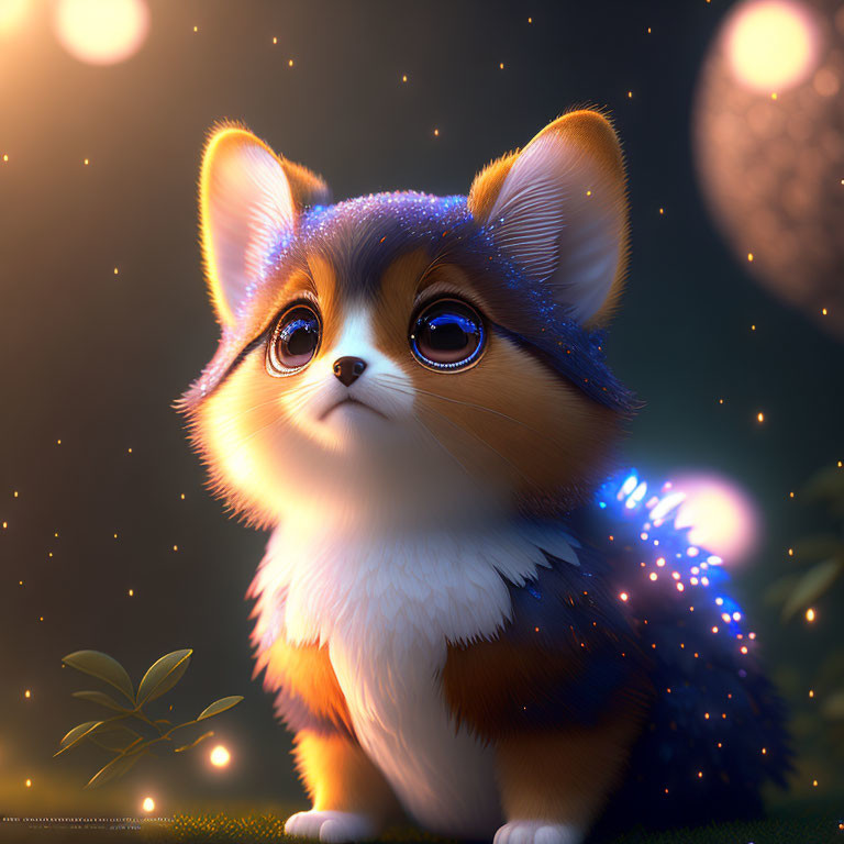 Adorable large-eyed corgi with whimsical wings in starlit setting