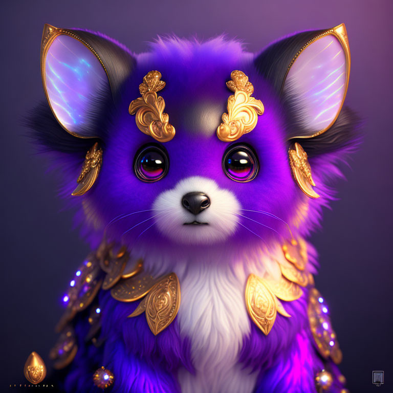 Fantastical purple and white creature with luminous ears in intricate golden jewelry