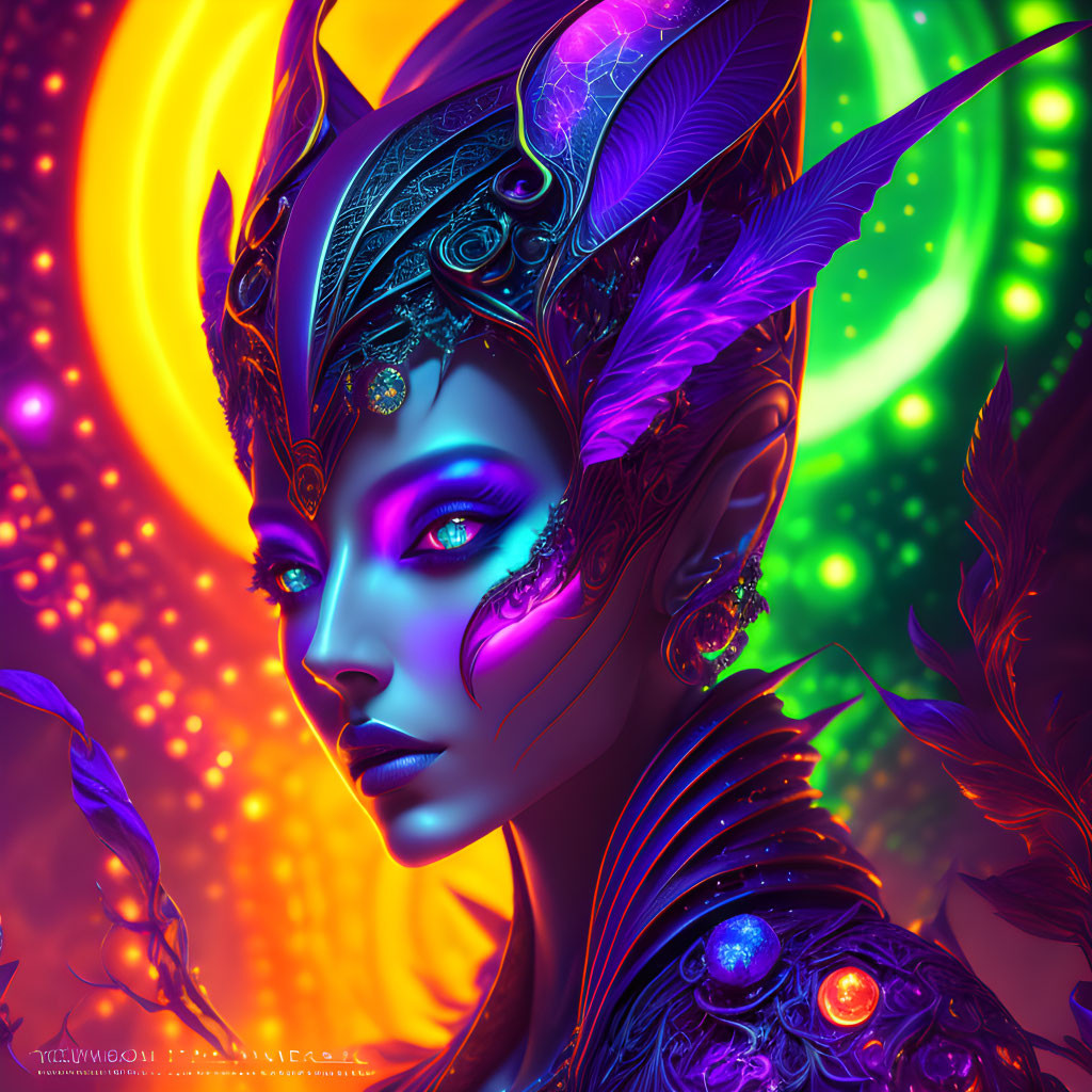 Fantasy female character with purple skin and gemstone adornments