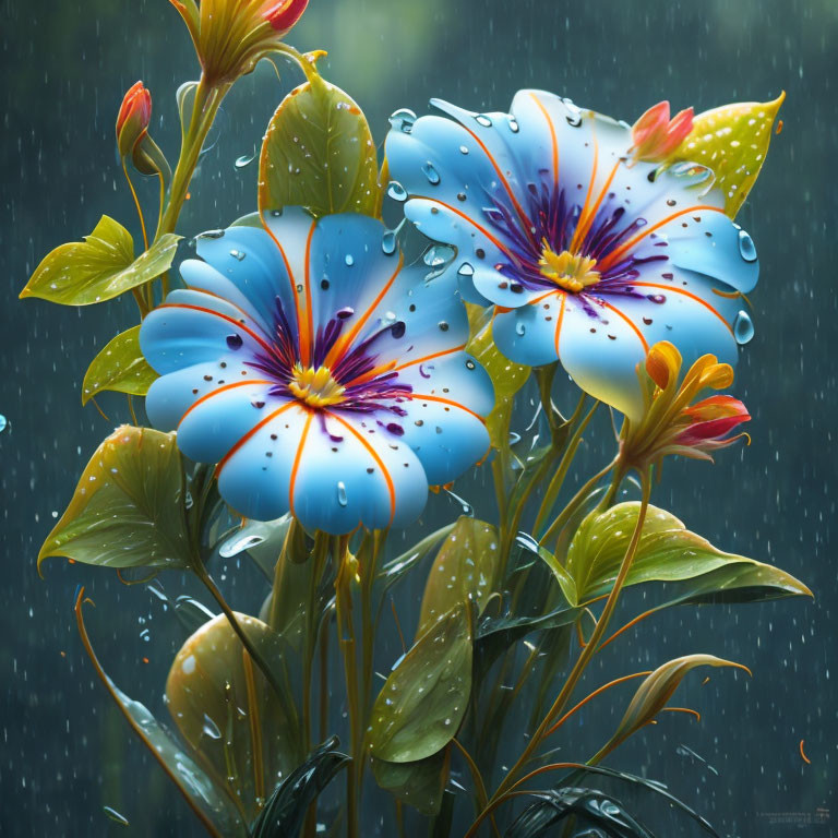 Bright Blue Flowers with Raindrops on Green Leaves in Soft Rain