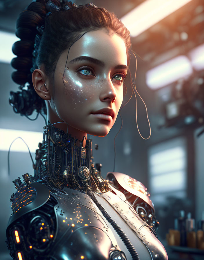 Realistic Female Android with Detailed Mechanical Parts and Human-Like Face