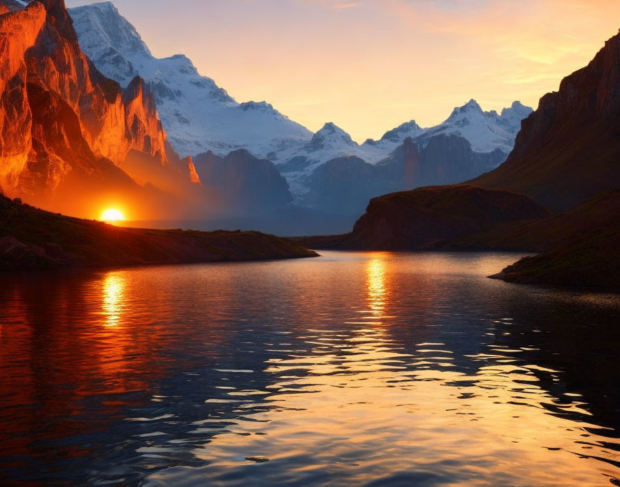 Tranquil mountain lake at sunset with sun reflecting on water