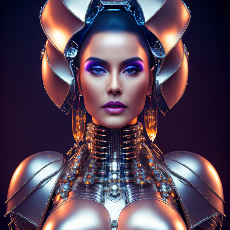 Futuristic woman in metallic shoulder armor with purple eye makeup on dark background