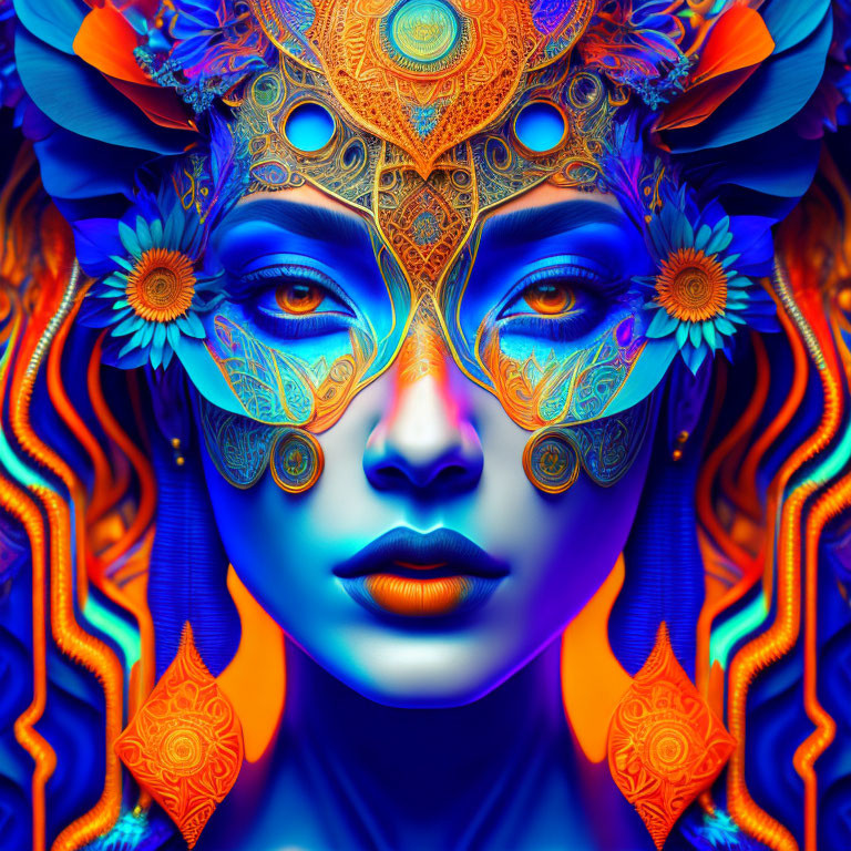 Symmetrical female face with ornate blue and orange floral designs