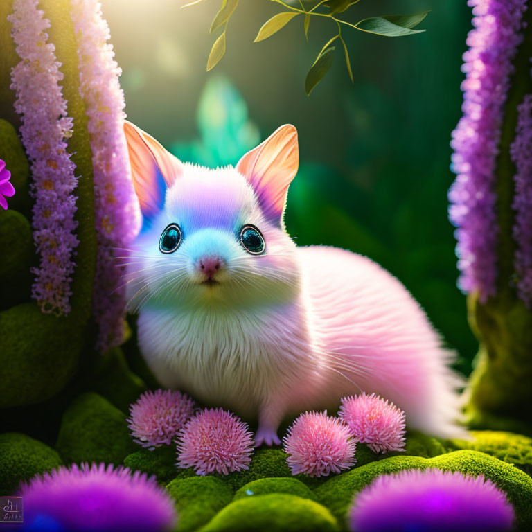 Vibrant pink-and-white creature in lush greenery and flowers