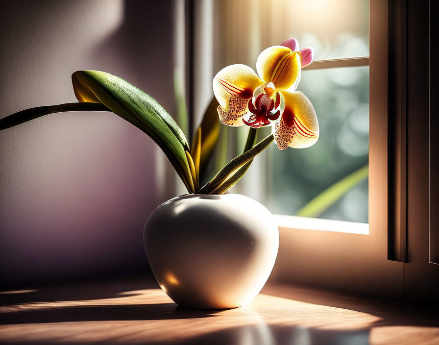 Yellow and pink orchid in white vase on wooden surface under sunlight