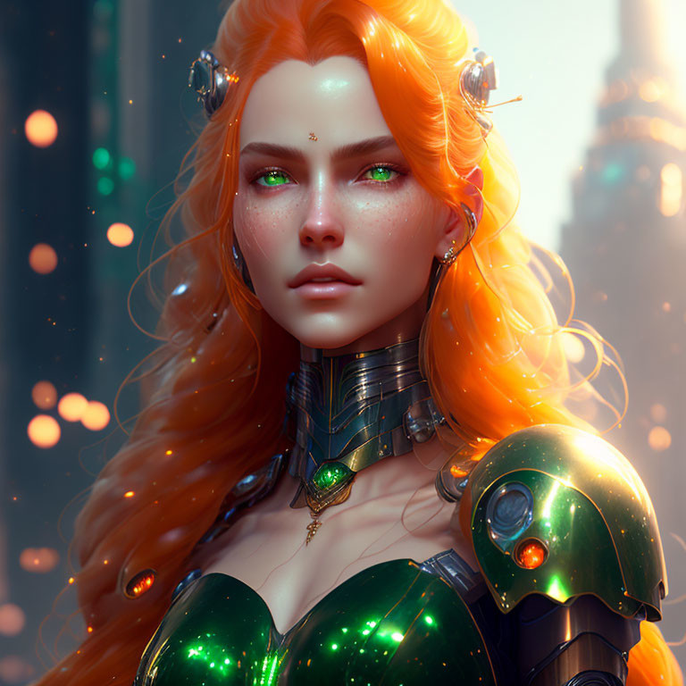 Digital Artwork: Female Character with Red Hair, Green Eyes, & Futuristic Armor