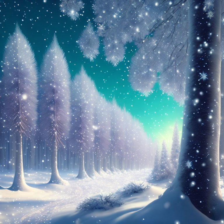 Snow-covered trees in enchanted winter forest scene at night