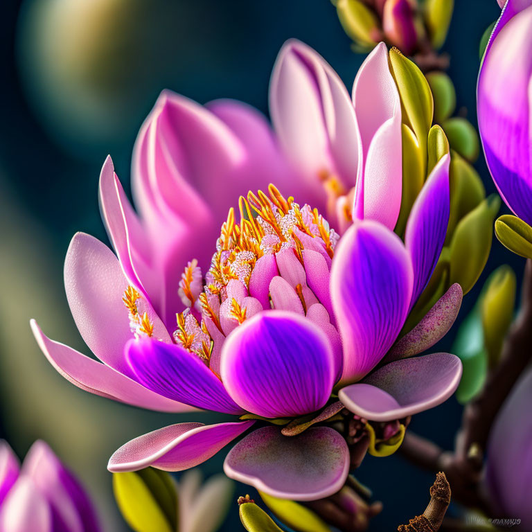 Detailed close-up of vibrant pink magnolia blossom with orange stamen.