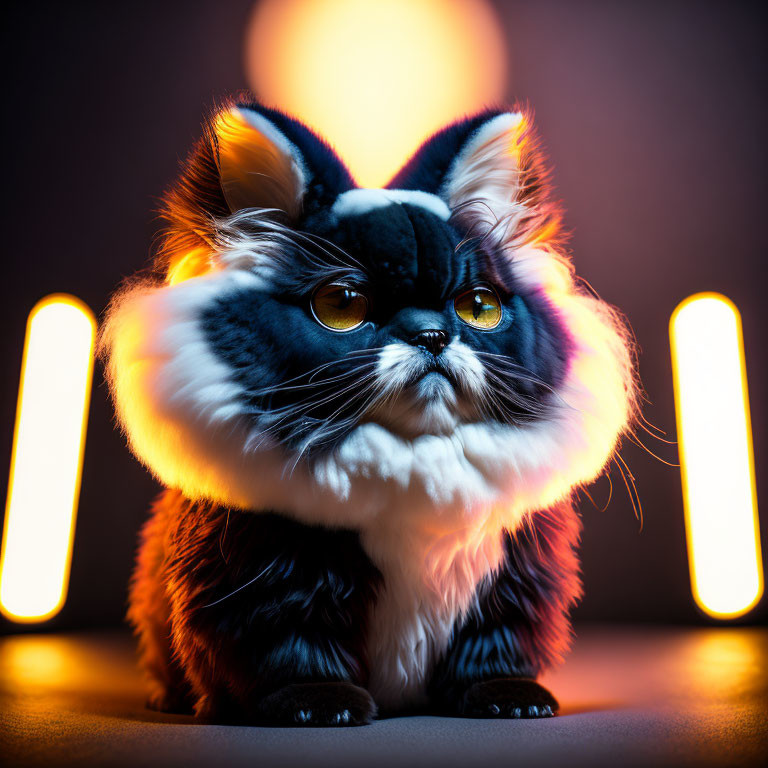 Digital artwork: Fluffy-eared cat with bright eyes on glowing orange backdrop