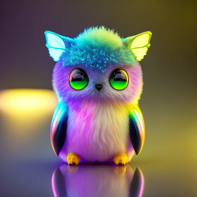 Colorful Fluffy Owl-Like Creature with Green Eyes and Luminous Wings