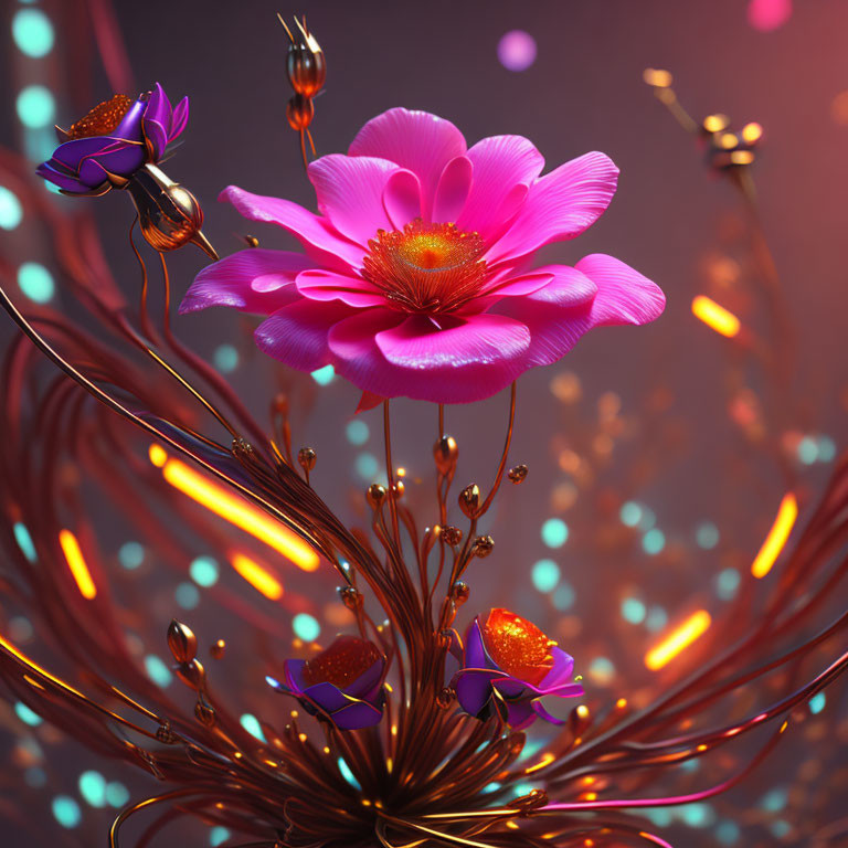 Colorful digital artwork: Pink flower, glowing stamens, metallic bionics, floating petals