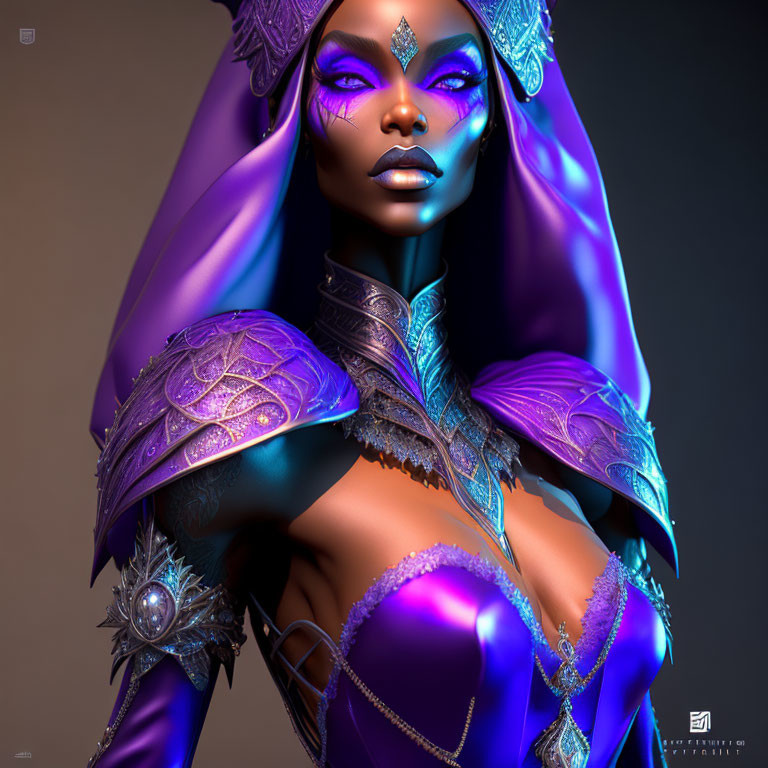 Purple-skinned female figure in fantasy armor with mystical glow