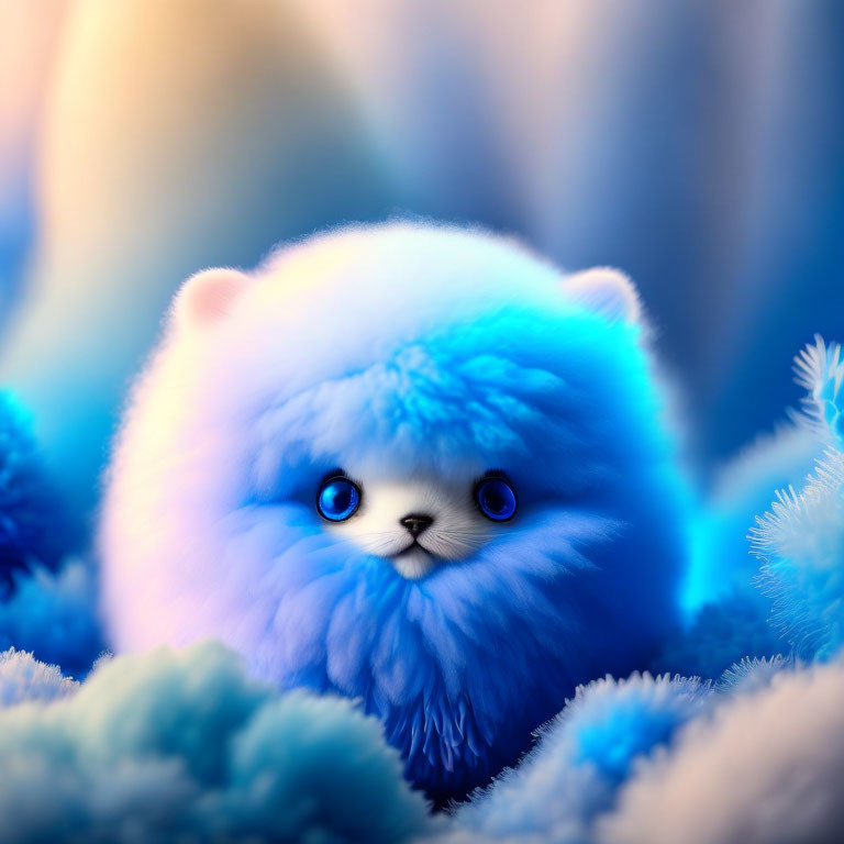 Blue fluffy creature with bright eyes among soft blue shapes.