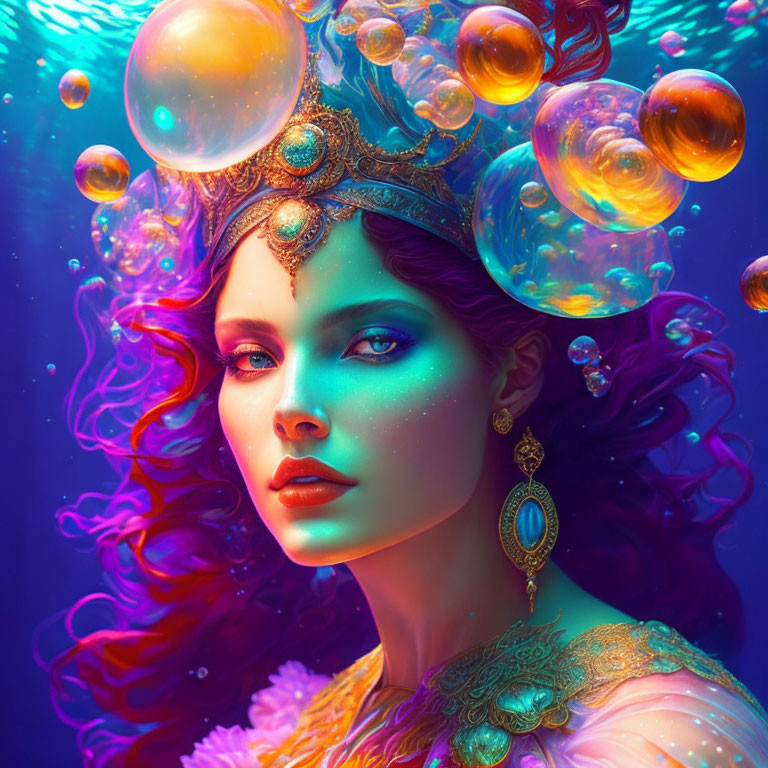 Illustration: Woman with red hair and headdress in bubble-filled scene