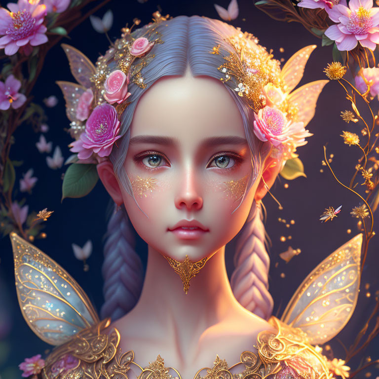 Delicate fairy with floral and golden accessories in blossoming setting