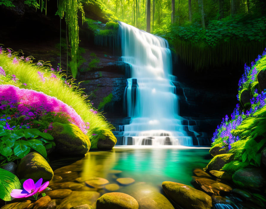 Tranquil waterfall in lush greenery and vibrant flowers